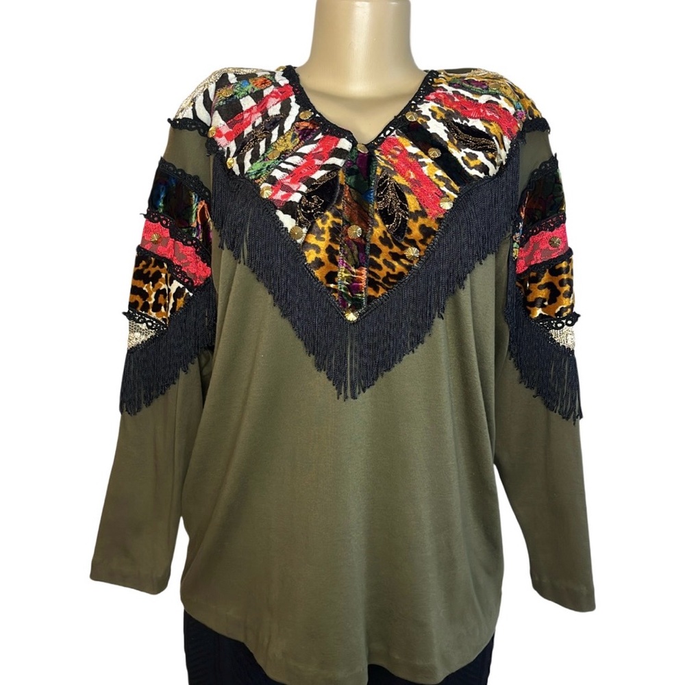 Vintage 80s AFSY Animal Print Fringe Sweater